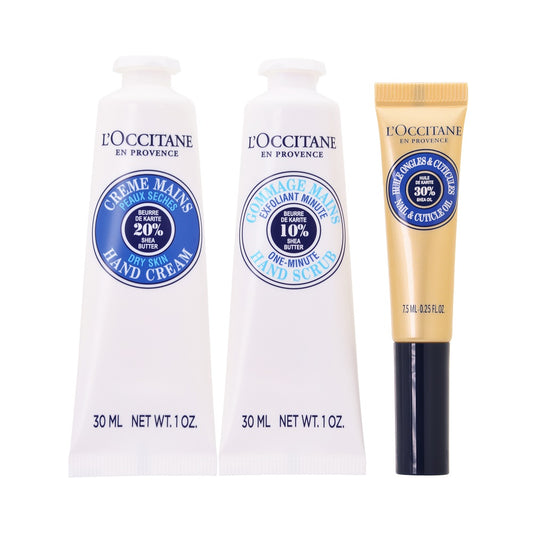 L’Occitane Shea Butter hand cream scrub cuticle oil set white background product image